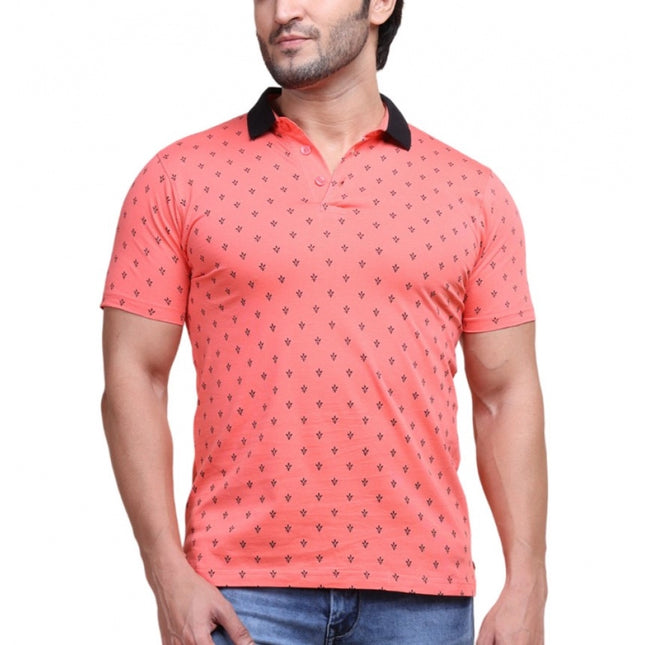 Rosolly Men's Casual Cotton Printed Polo Neck Half Sleeve T-Shirt (Red)