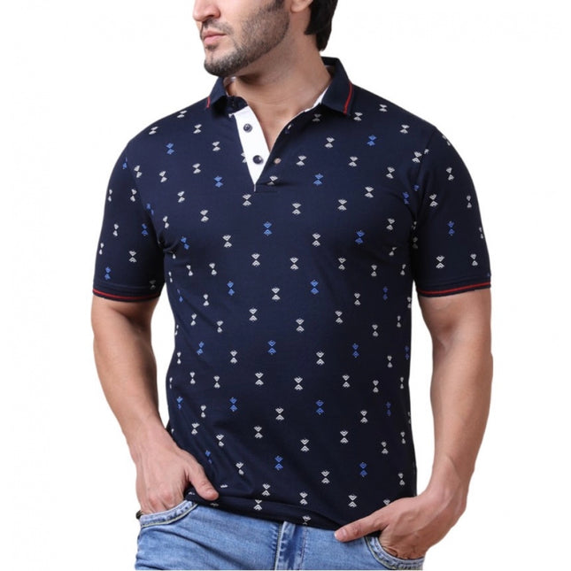 Rosolly Men's Casual Cotton Printed Polo Neck Half Sleeve T-Shirt (Navy)