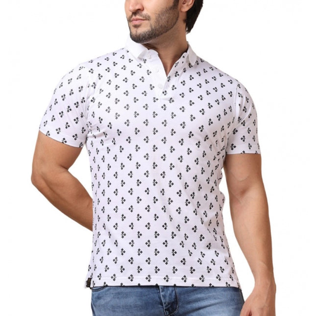 Rosolly Men's Casual Cotton Printed Polo Neck Half Sleeve T-Shirt (White)