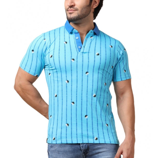 Rosolly Men's Casual Cotton Printed Polo Neck Half Sleeve T-Shirt (Skyblue)