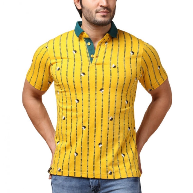 Rosolly Men's Casual Cotton Printed Polo Neck Half Sleeve T-Shirt (Yellow)