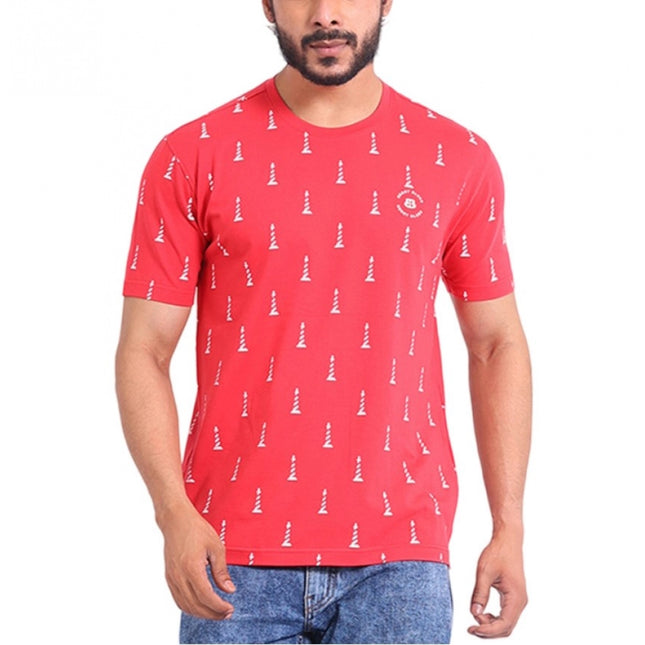 Rosolly Men's Casual Cotton Printed Round Neck Half Sleeve T-Shirt (Red)