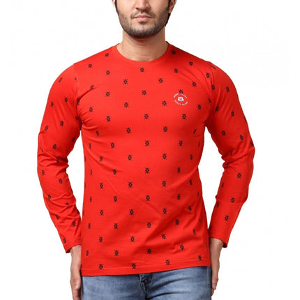 Rosolly Men's Casual Cotton Printed Round Neck Full Sleeve T-Shirt (Red)