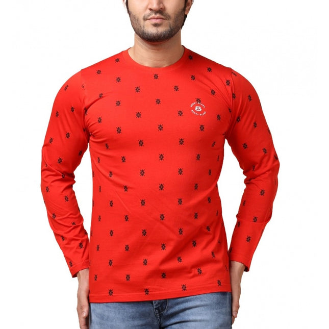 Rosolly Men's Casual Cotton Printed Round Neck Full Sleeve T-Shirt (Red)