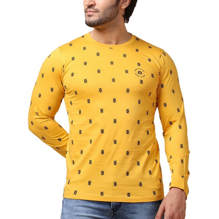Rosolly Men's Casual Cotton Printed Round Neck Full Sleeve T-Shirt (Mustard)
