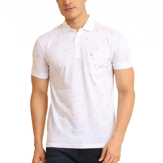 Rosolly Men's Casual Cotton Printed Polo Neck Half Sleeve T-Shirt (White)