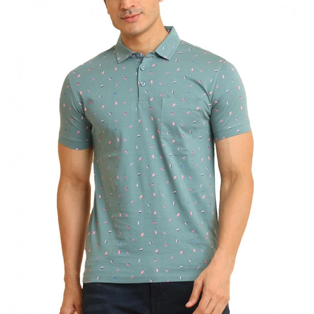 Rosolly Men's Casual Cotton Printed Polo Neck Half Sleeve T-Shirt (Grey)