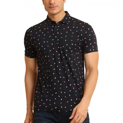 Rosolly Men's Casual Cotton Printed Polo Neck Half Sleeve T-Shirt (Black)