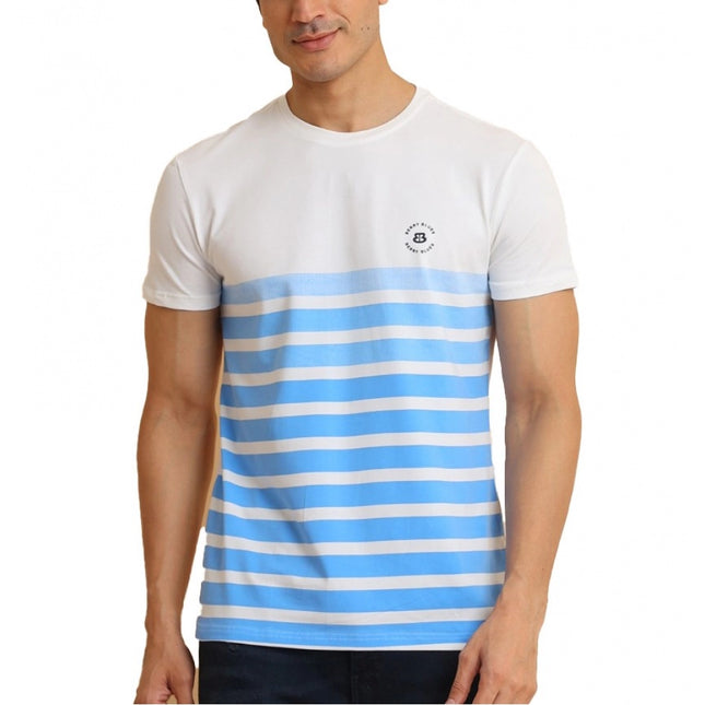 Rosolly Men's Casual Cotton Printed Round Neck Half Sleeve T-Shirt (Blue)