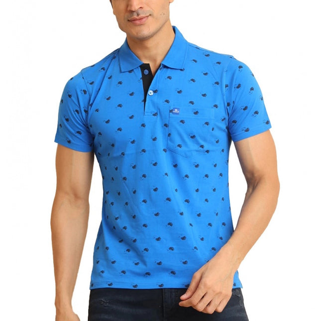 Rosolly Men's Casual Cotton Printed Polo Neck Half Sleeve T-Shirt (Blue)