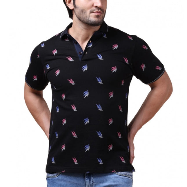 Rosolly Men's Casual Cotton Printed Polo Neck Half Sleeve T-Shirt (Black)