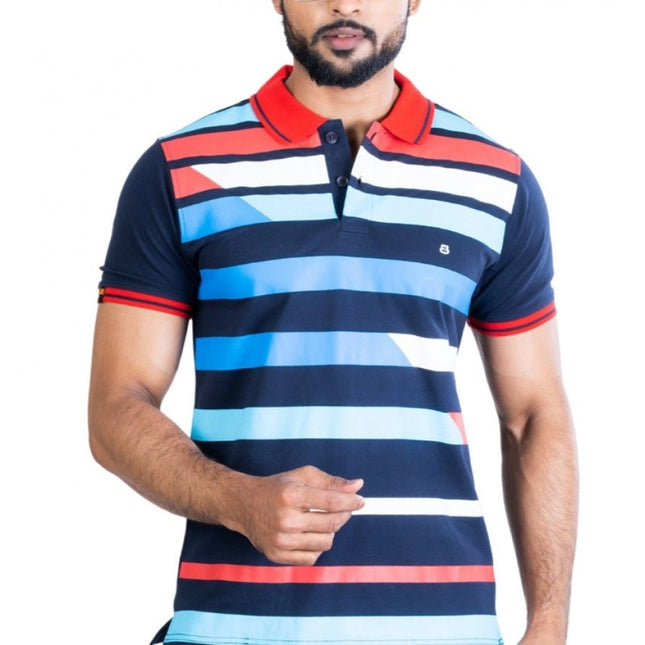 Rosolly Men's Casual Cotton Printed Polo Neck Half Sleeve T-Shirt (Navy)
