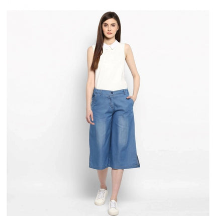 Rosolly Women's Denim Solid Buttoned Below Knee Culottes (Light Blue)