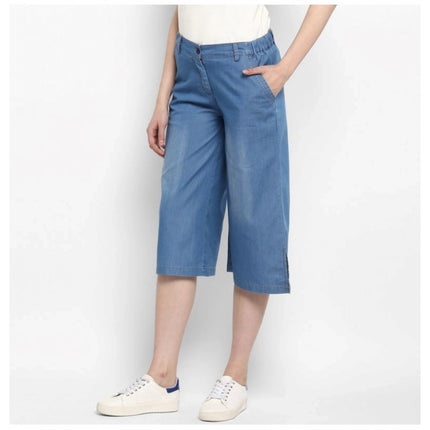 Rosolly Women's Denim Solid Buttoned Below Knee Culottes (Light Blue)