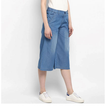 Rosolly Women's Denim Solid Buttoned Below Knee Culottes (Light Blue)