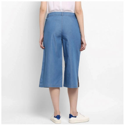 Rosolly Women's Denim Solid Buttoned Below Knee Culottes (Light Blue)