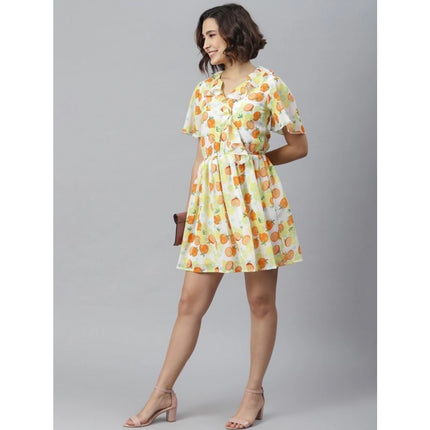 Rosolly Women's Polyester Printed Flutter Above Knee Dress (Yellow - Orange)
