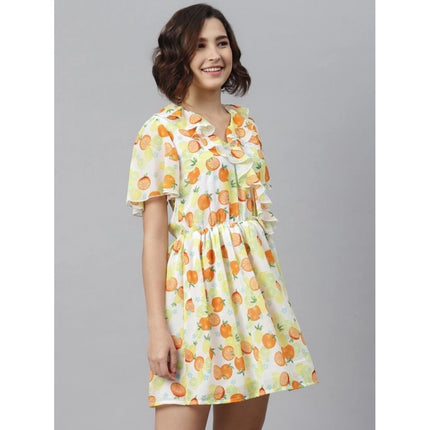 Rosolly Women's Polyester Printed Flutter Above Knee Dress (Yellow - Orange)
