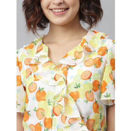 Rosolly Women's Polyester Printed Flutter Above Knee Dress (Yellow - Orange)