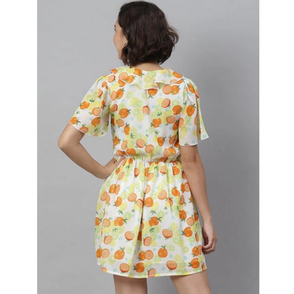 Rosolly Women's Polyester Printed Flutter Above Knee Dress (Yellow - Orange)