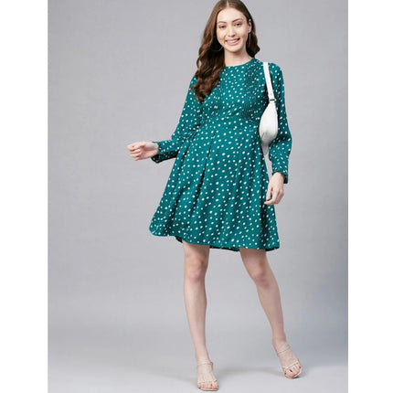 Rosolly Women's Polyester Polka Long Sleeves Above Knee Dress (Green - White)
