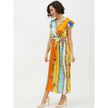 Rosolly Women's Satin Chain Print Cap Sleeve Calf-length Dress (Multicolor)