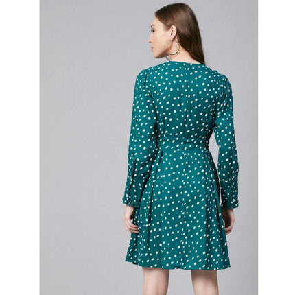 Rosolly Women's Polyester Polka Long Sleeves Above Knee Dress (Green - White)