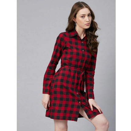 Rosolly Women's Cotton Checkered Long Sleeves Above Knee Dress (Red - Black)
