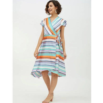 Rosolly Women's Satin Striped Short Sleeve Knee-Length Dress (Multicolor)