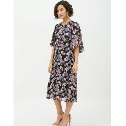 Rosolly Women's Polyester Chain Print Cap Sleeve Calf-length Dress (Multicolor)