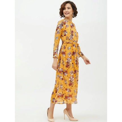 Rosolly Women's Polyester Floral Long Sleeves Calf-length Dress (Multicolor)