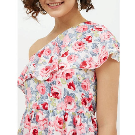Rosolly Women's Polyester Floral One Shoulder Calf-length Dress (Multicolor)