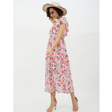 Rosolly Women's Polyester Floral One Shoulder Calf-length Dress (Multicolor)