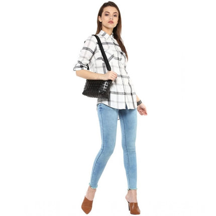 Rosolly Women's Rayon Checkered Long Sleeves Standard Length Shirt (Black - White)