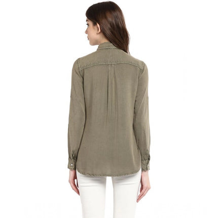 Rosolly Women's Rayon Solid Long Sleeves Standard Length Shirt (Olive Green)