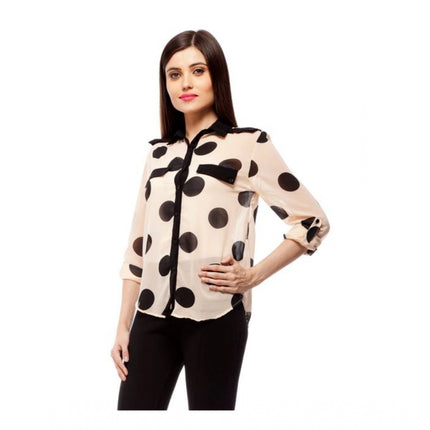Rosolly Women's Polyester Polka Roll Up Sleeve Standard Length Shirt (Peach)
