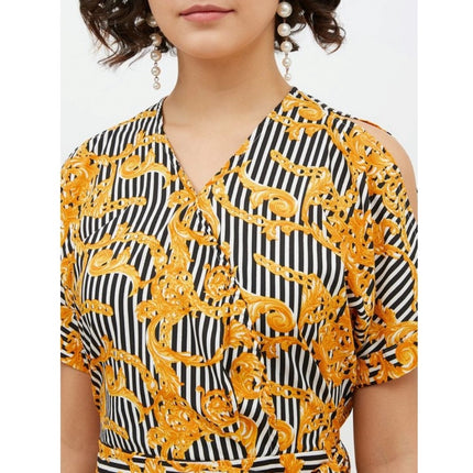 Rosolly Women's Polyester Printed Half Sleeve Long Jumpsuit (Yellow)