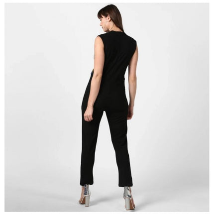 Rosolly Women's Polyester Embellished Sleeveless Jumpsuit (Black)