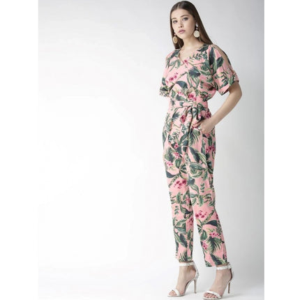 Rosolly Women's Polyester Floral Half Sleeve Jumpsuit (Pink)