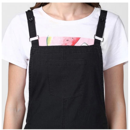 Rosolly Women's Denim Solid Shoulder Straps Above Knee Dungaree (Black)