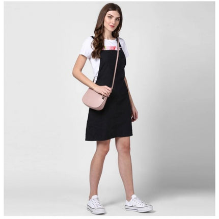 Rosolly Women's Denim Solid Shoulder Straps Above Knee Dungaree (Black)