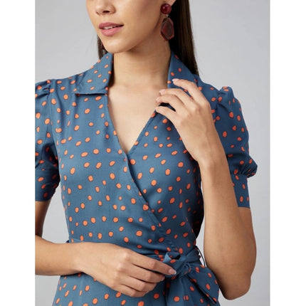 Rosolly Women's Polyester Polka Short Sleeve Above Knee Dress (Grey - Coral)