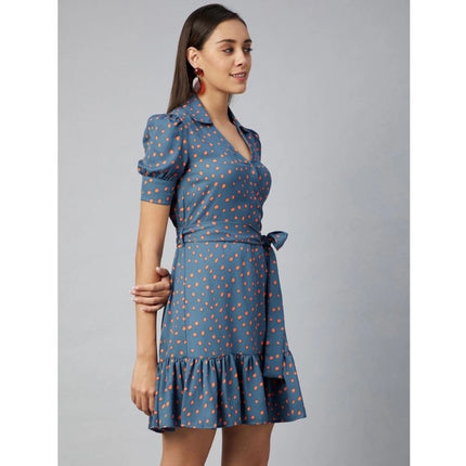 Rosolly Women's Polyester Polka Short Sleeve Above Knee Dress (Grey - Coral)