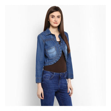 Rosolly Women's Denim Pleated 3-4th Sleeves Shrug (Blue)