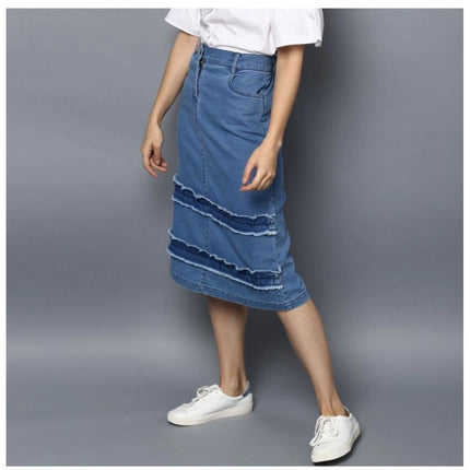 Rosolly Women's Denim Washed Buttoned Skirt (Blue)