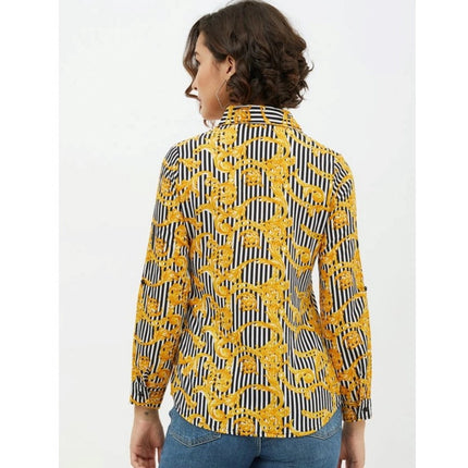Rosolly Women's Polyester Printed Roll Up Sleeve Standard Length Shirt (Mustared)