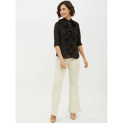 Rosolly Women's Polyester Ruffled Long Sleeves Standard Length Shirt (Black)