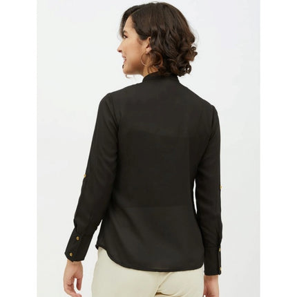Rosolly Women's Polyester Ruffled Long Sleeves Standard Length Shirt (Black)