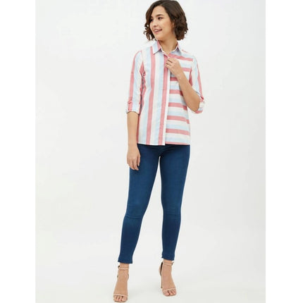 Rosolly Women's Cotton Striped Long Sleeves Standard Length Shirt (Pink)