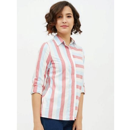 Rosolly Women's Cotton Striped Long Sleeves Standard Length Shirt (Pink)